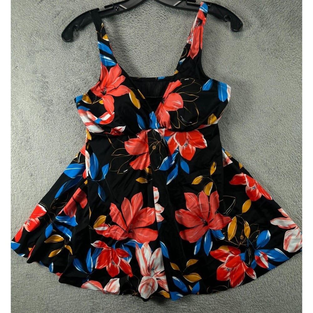 NWT Womens Swimdress 12 One Piece Swim Solutions Flyaway Tummy Cntl Black Floral